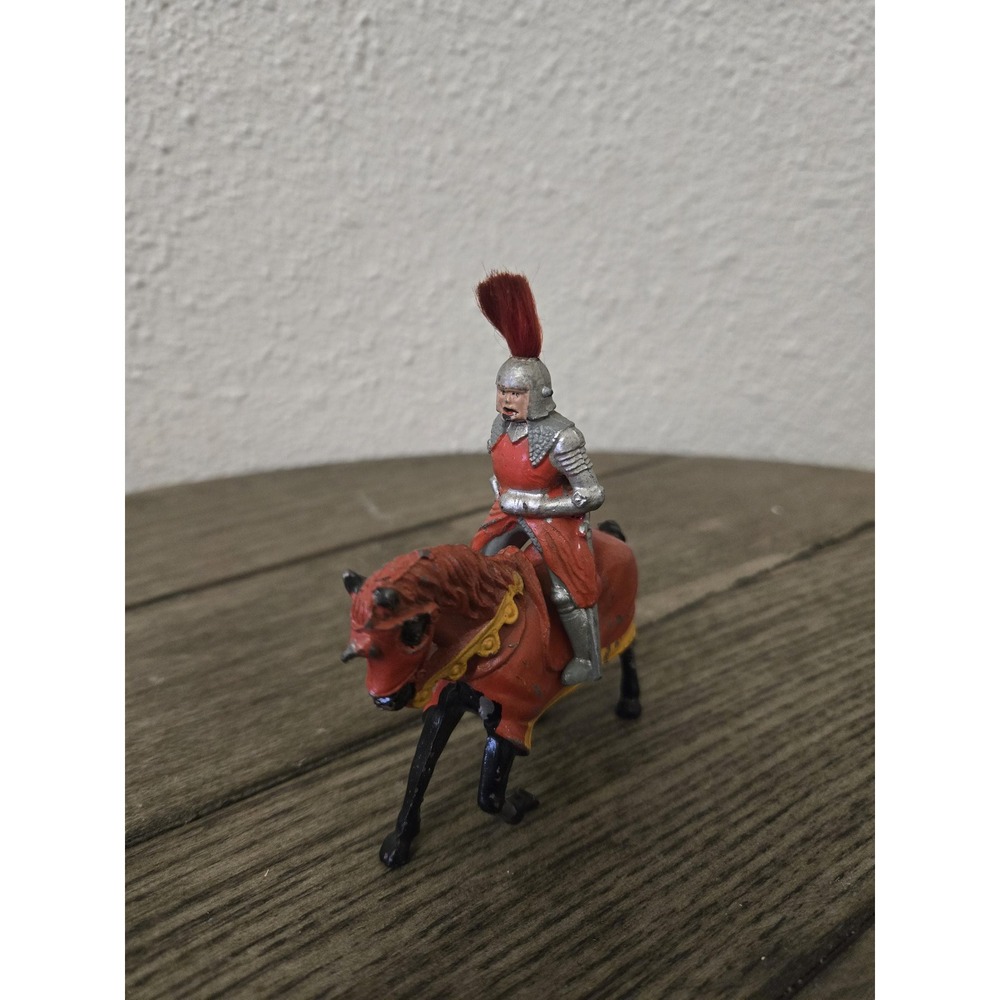 Vintage Miniature Medieval Mounted Knight Cast Metal Toy Soldier On Horse 3"x3.5
